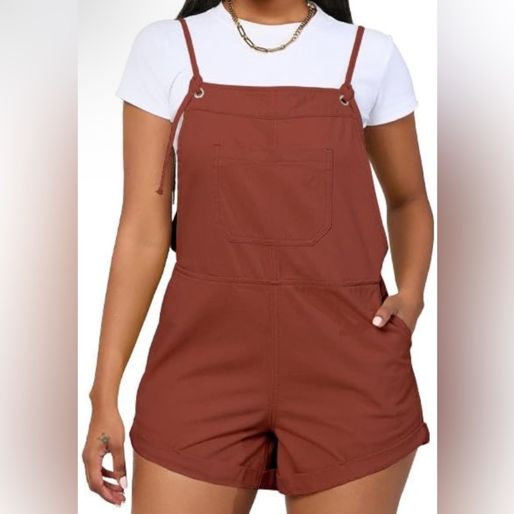 Women's Casual Short Bib‎ Overalls - Rust Red
